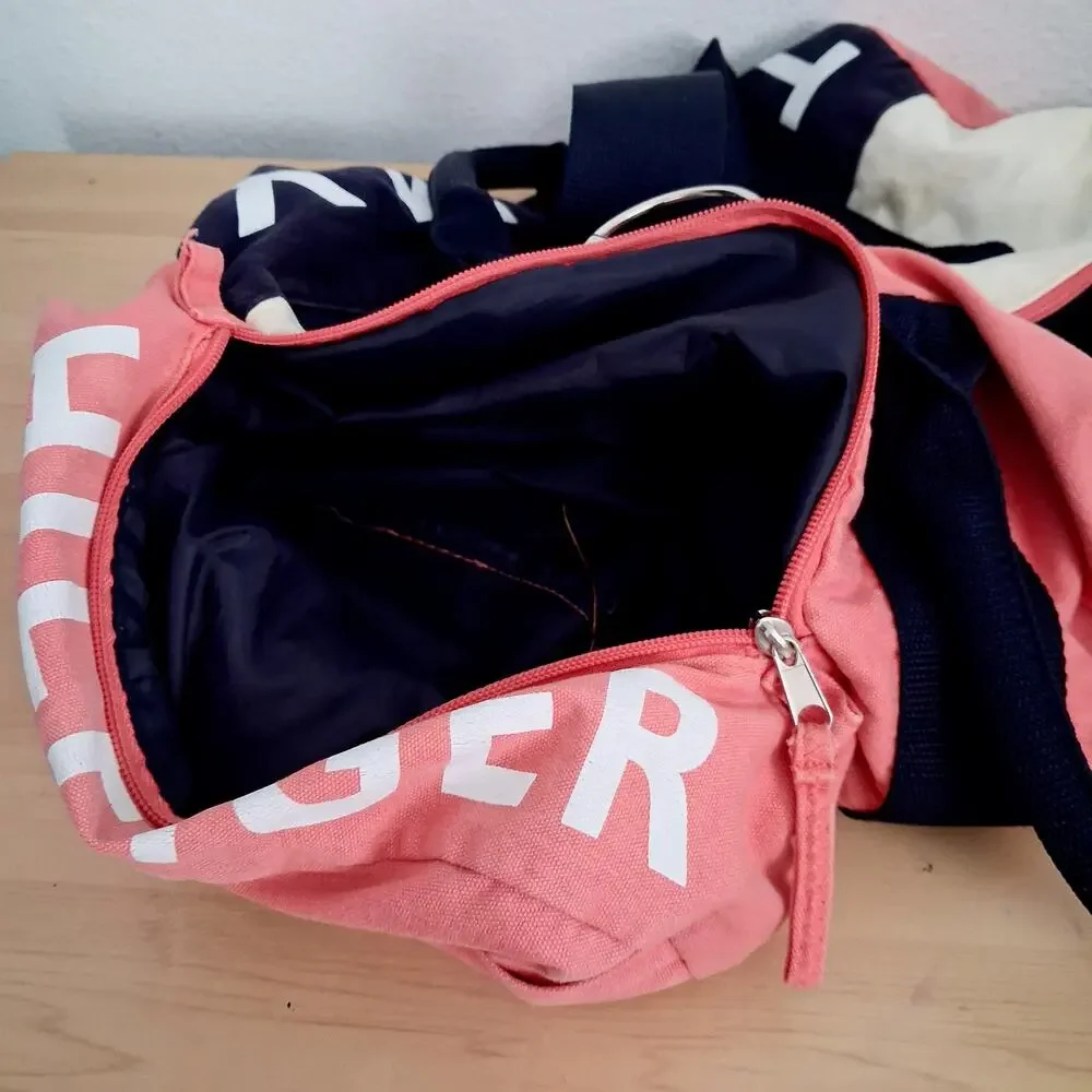 Vintage Tommy Hilfiger Duffle Bag Strap Spell Out Canvas Travel Zipper Pockets